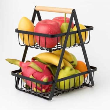 Imagem de Cesta Organizadora de Frutas, 2 Andares, Metal Preto com Alça de Madeira, Decorativa para Cozinha e Sala