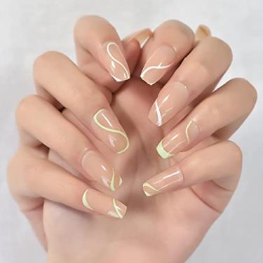 Imagem de Conjunto de unhas falsas de caixão médio projetado linhas de dança unhas francesas cinto verde prensa em unhas brilhantes arte com acessórios de manicure