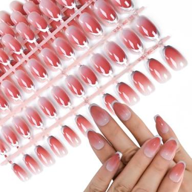 Imagem de 5 pacotes de unhas postiças rosa brilhante vermelho gradiente francês pregos postiços caixão de comprimento médio reutilizável dicas de arte de unhas falsas