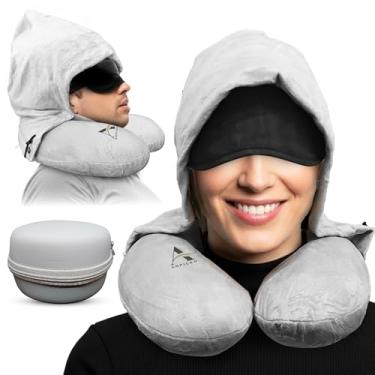 Imagem de Travesseiro de pescoço para viagem, capuz removível – espuma viscoelástica em forma de U, fivela ajustável, itens essenciais de viagem para avião, capa lavável, confortável, suporte de cabeça e