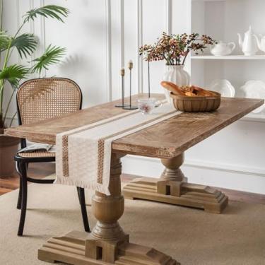 Imagem de Caminho de mesa com padrão geométrico Boho Farmhouse de 29 × 130 cm com textura tecida e borda de franja para mesa de jantar, cozinha ou console estilo de casa (branco)