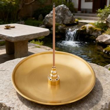 Imagem de Queimador de incenso 3 em 1, suporte de incenso de latão de 14 cm para varas de incenso, bobina de incenso, cones de incenso, apanhador de cinzas de metal, cor de latão