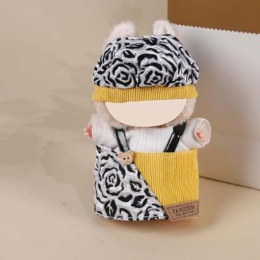 Imagem de Compatível com Labubu (sem boneca) – Conjunto de patchwork com estampa rosa amarela e preta (boina + vestido suspensório com botão de urso), roupa de boneca de 15 cm/17 cm (amarelo-preto)