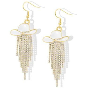 Imagem de Western Cowgirl Chapéu Esmaltado Brilhante Strass Borla Brincos Pendentes Baile Country Concertos Rodeio Cowboy Roupas Joias Presente para Mulheres, Borlas Douradas, Chapéu Branco