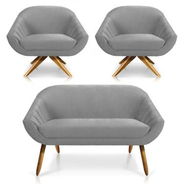 Imagem de Kit 01 Namoradeira 02 Lugares E 02 Poltronas Giratória Giovana Veludo Cinza Base Madeira