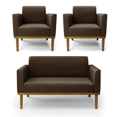 Imagem de Sofá Namoradeira Com 2 Poltronas Base De Madeira Fixa Castanho Marisa Suede Marrom D03 - D?rossi