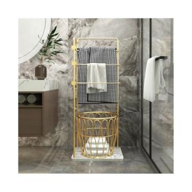 Imagem de porta-toalhas Luz de luxo toalheiro banho high-end rack armazenamento do banheiro piso metal arte simples e moderno prateleira(Gold)