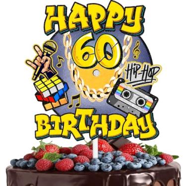 Imagem de Topo de bolo hip hop masculino e feminino 60º aniversário feliz retrô 70s 80s 90s decorações, festa de aniversário, festa de aniversário, fita cassete de festa de rock, suprimentos de decoração de