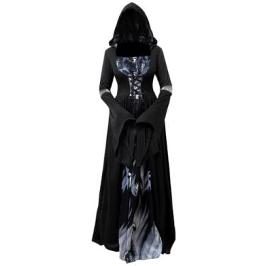 Imagem de WeiDuoLuo Vestido gótico feminino com capuz, espartilho medieval, vestido de bruxa, fantasia de Halloween, Vermelho, M