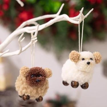 Imagem de Pingente de cachorro de lã de Natal fofo de pelúcia para decoração de árvore de Natal, pingentes de poodle criativos