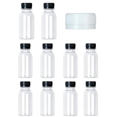 Imagem de bepisof 10 garrafas de suco de plástico duráveis de 85 g, recipientes de bebidas transparentes reutilizáveis para armazenar suco, beber milkshakes, leite e outros recipientes (tampa branca)