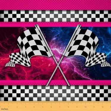 Imagem de Tecido de carro de corrida para meninos ao ar livre por jarda, bandeira xadrez de carro de corrida para mulheres adultos amantes de artesanato, tecido de estofamento com estampa relâmpago rosa para