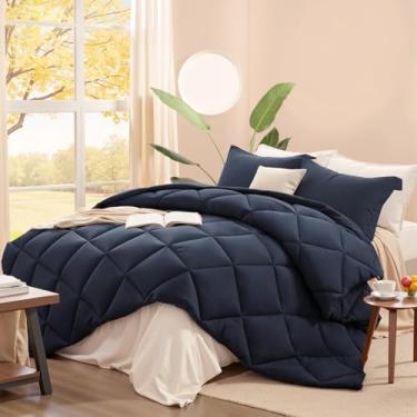 Imagem de SunStyle Home Conjunto de edredom king size, azul marinho, 3 peças, edredom leve, acolchoado, sólido para todas as estações, conjunto de cama alternativo leve e macio com 2 fronhas