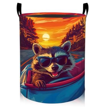 Imagem de Cesto de lavanderia Cool Raccoon Sunset Drive, 50 cm x 40 cm, roupas sujas dobráveis à prova d'água, fofo, animal, cesto de roupa suja, organizador de brinquedos para dormitório, berçário, decoração