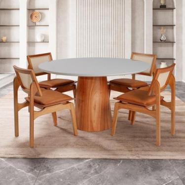 Imagem de Conjunto Mesa com 4 Cadeiras de Madeira Maciça Rattan Natural e Estofa