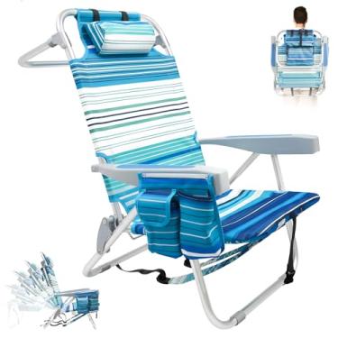 Imagem de Mochila dobrável para adultos, cadeira de praia reclinável leve de alumínio com 5 posições, cadeiras compactas de areia baixa com suporte de copo e encosto de cabeça acolchoado para gramado, pátio