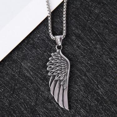 Imagem de Colar masculino com pingente de asa de anjo estiloso punk rock, vintage, com penas prateadas, acessórios de joias, presente de aniversário, one size, Metal, Sem Pedra Preciosa
