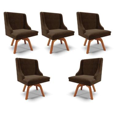 Imagem de Kit 5 Cadeiras Decorativas Sala De Jantar Base Giratória De Madeira Firenze Suede Marrom/natural G19