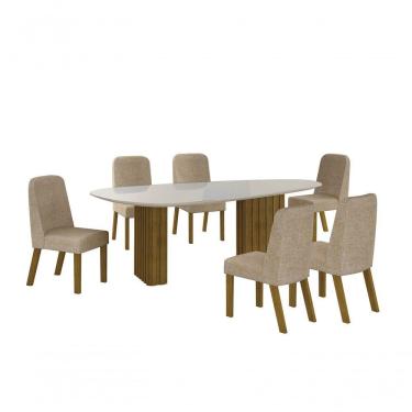 Imagem de Conjunto Sala De Jantar Mesa Orgânica Com Vidro 200cm Com 6 Cadeiras Pé Madeira Isis Freijó-off White-linho Palha