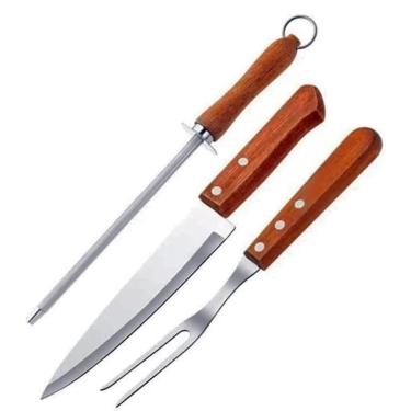 Imagem de Kit Churrasco 3 Peças Inox com Cabo de Madeira – Faca, Garfo e Afiador