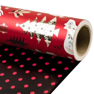 Imagem de RUSPEPA Rolo de papel de embrulho reversível de Natal, mini rolo, rena preta vermelha e design de árvore, papel de embrulho preto com bolinhas vermelhas para adultos, crianças e presentes de férias