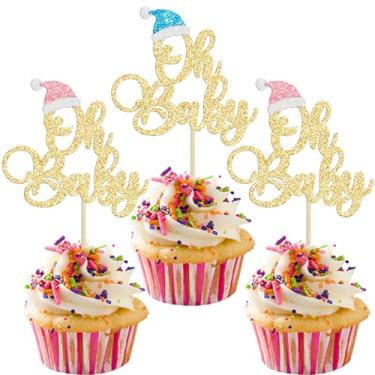Imagem de Gyufise 24 peças de enfeites de cupcake de Natal Oh Baby com chapéu rosa azul glitter dourado Papai Noel Palhetas de cupcake de bebê decorações para inverno tema de Natal chá de bebê suprimentos de festa de aniversário
