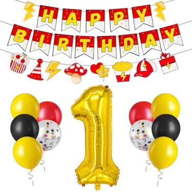 Imagem de Zailo Balão grande com número dourado de 81 cm, balão vermelho e amarelo desenho animado vermelho, branco e amarelo, faixa de festa de feliz aniversário, espaçamento ajustável, extragrosso, guirlanda