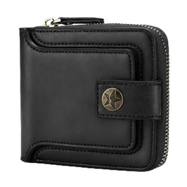 Imagem de Carteira masculina com zíper de poliuretano, mini carteira masculina dobrável portátil com fivela, vários compartimentos para documentos, Preto, Moderno