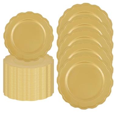 Imagem de Pesonlook Pacote com 50 pratos carregadores dourados redondos de renda com contas de 33 cm, carregadores de mesa de plástico decorativos para casamento, festa, jantar, cerimônia e banquete