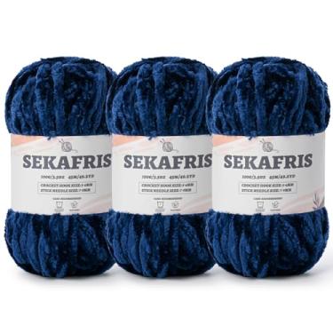 Imagem de Fio de chenille grosso felpudo para crochê, fios macios de pelúcia para tricô à mão, volumoso 3 x 100 g (3 x 49,2 m) para crochê amigurumi, fios de veludo fofo de crochê (3 azul marinho)