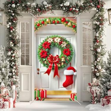Imagem de BlissYard Capa para porta de Feliz Natal, 89 x 188 cm, banners de porta de varanda, decoração de inverno, guirlanda de Natal com sinos e flores de poinsétia, para decoração interna e externa