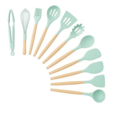 Imagem de Conjunto de Utensílios de Cozinha em Silicone, 12 Peças, Cabo de Madeira, Preto, com Organizador (Verde)