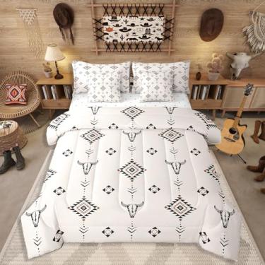 Imagem de Erosebridal Conjunto de edredom asteca ocidental tamanho casal – 7 peças, conjunto de cama Boho Farmhouse étnico sudoeste touro caveira vaca cama em uma bolsa king com lençóis, edredom exótico nativo
