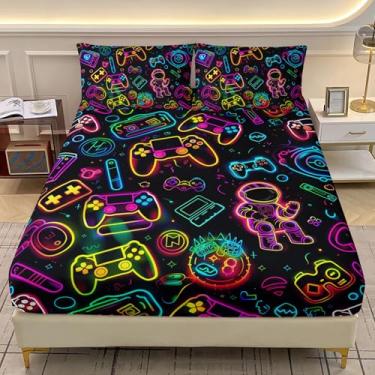 Imagem de AILONEN Jogo de lençol casal gamepad, moderno, neon gamer para crianças, adolescentes, 3 peças, controle de graffiti + 2 fronhas