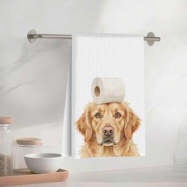 Imagem de Toalhas de cozinha divertidas Golden Retriever e papel higiênico 33 x 58 cm, toalha de prato decorativa de microfibra absorvente, toalhas de mão de waffle para cozinha, casa, banheiro, presentes para