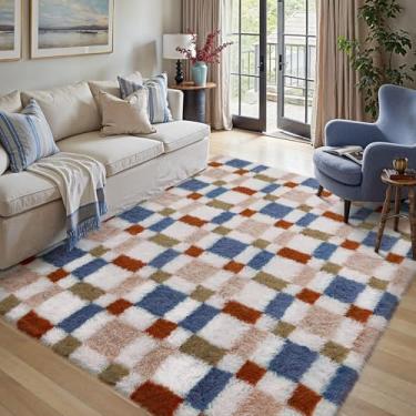 Imagem de HUGEAR Tapete quadriculado 12 x 18 cm para sala de estar arco-íris moderno tapete felpudo super macio lavável tapete felpudo fofo aspirador para quarto decoração de casa antiderrapante