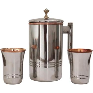 Imagem de Jarra de água de aço inoxidável e cobre puro com 2 copos longos (1,7 L/1,699 ml) | Tampa de latão | Benefícios para a saúde ayurvédica | Conjunto de jarro de aço de cobre feito à mão para casa e