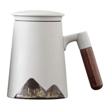 Imagem de Chewtoyo Caneca de chá de cerâmica de 382 g com esmalte de montanha, alça de madeira, infusor e tampa, xícara artística para chá de folhas soltas