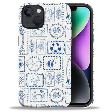 Imagem de Flivro Capa para iPhone 13 iPhone 14, capa rígida de policarbonato e amortecedor interno de silicone, antiarranhões, design fino à prova de choque - carimbos conchas azuis verão
