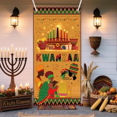 Imagem de InIsajace Capa de porta Happy Kwanzaa - Decorações de porta Kwanzaa, placa de cobertura de porta grande afro-americana, patrimônio africano feriado pano de fundo banner suprimentos decoração para