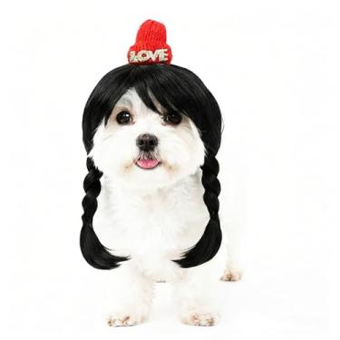 Imagem de BKstar Peruca de cachorro com tranças pretas engraçadas para gatos e cães, com chapéu de Natal, Ano Novo, decorações de festa