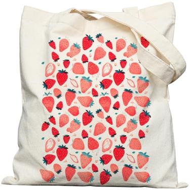 Imagem de bafayago Sacola de morango para amantes de morangos, sacola de lona Strawberries Stuff com alça larga dupla face, bolsas de lona para amantes de morangos para trabalho, compras, viagens e viagens