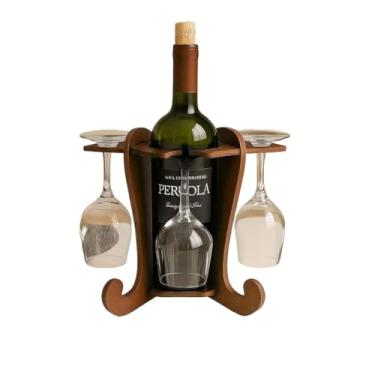 Imagem de Porta Vinho, Adega Suporte de 4 Taças e Vinho Ou Espumante para Mesa em Madeira Mdf, 26×23cm(TABACO)
