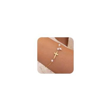 Imagem de HABIKIP Pulseira feminina com cruz de ouro, delicada, banhada a ouro 14 k, zircônia cúbica, berloques de Jesus com nó de amor, pulseiras modernas com elos de pérola fina, clipe de papel, pulseiras de