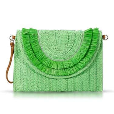 Imagem de QTKJ Bolsas transversais para mulheres, bolsas clutch de palha, pacote de envelope de tecido boêmio, bolsas de mão femininas com borla, Verde