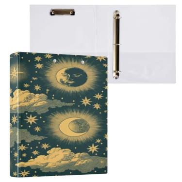 Imagem de Blueangle Fichário retrô com 3 anéis de sol e lua com prancheta e 2 bolsos - Organizador de documentos decorativos de 3 cm para escritório, suprimentos para reuniões (452)