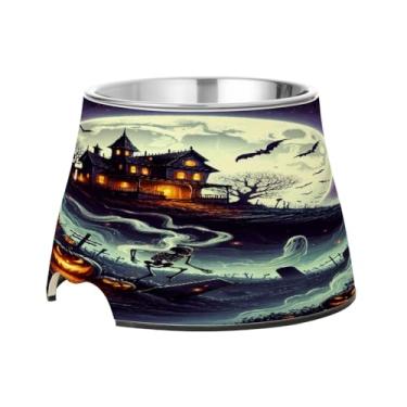 Imagem de Blueangle Tigelas elevadas para cães com aço inoxidável – Prato antiderrapante de 2,3 xícaras para animais de estimação de alta capacidade para saúde da coluna e design de padrão de Halloween (415)