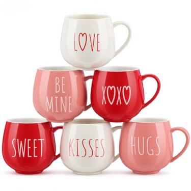Imagem de Layhit Conjunto de 6 canecas de café para dia dos namorados 340 g canecas de cerâmica para casais fofos para aniversário, casamento, noivado, aniversário, presentes para casais, mãe, namorada