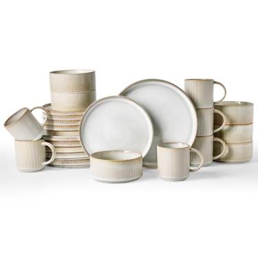 Imagem de Famiware Conjunto de louça Star com canecas, serviço para 6 (24 peças), conjuntos de pratos e tigelas de grés canelados, resistente a lascas e arranhões, seguro para micro-ondas e lava-louças