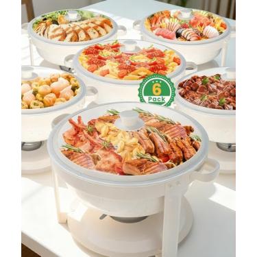 Imagem de IMACONE Pratos de fricção revestidos Maifanite para buffet de 6, conjunto de buffet de pratos brancos por atrito, conjunto de chafer de aço inoxidável 5,3 QT, aquecedores de alimentos de borda de rolo